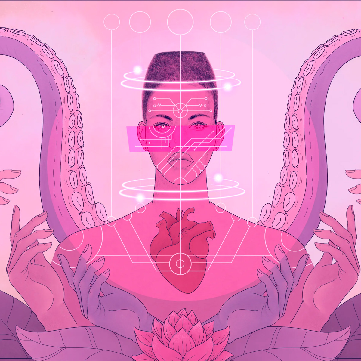 An illustration of a femme figure with a visible heart surrounded by a lotus flower, octopus tentacles, posed hands, and a glowing digital overlay.