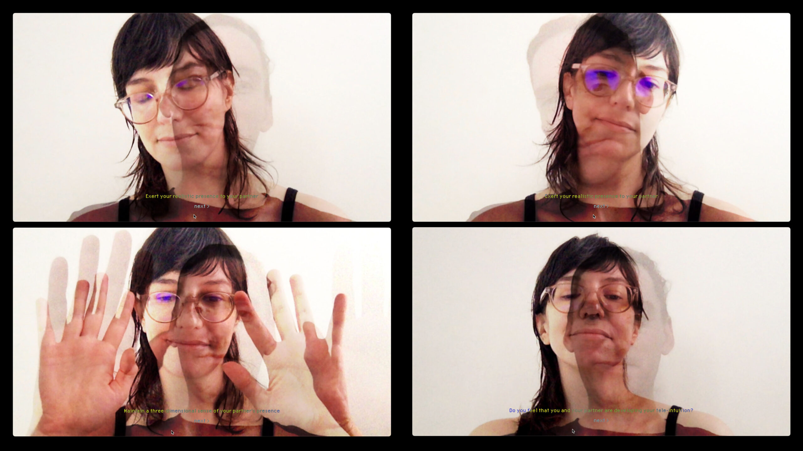 A grid of screenshots, each with two overlapping faces expressing a range of emotions and actions, from contemplative to playful.